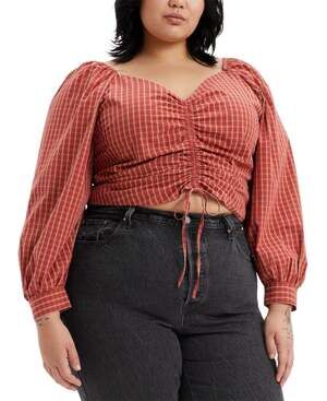 Plus Size 3X Womens Ruched Cropped Blouse 100% Cotton Levi's Multi Color